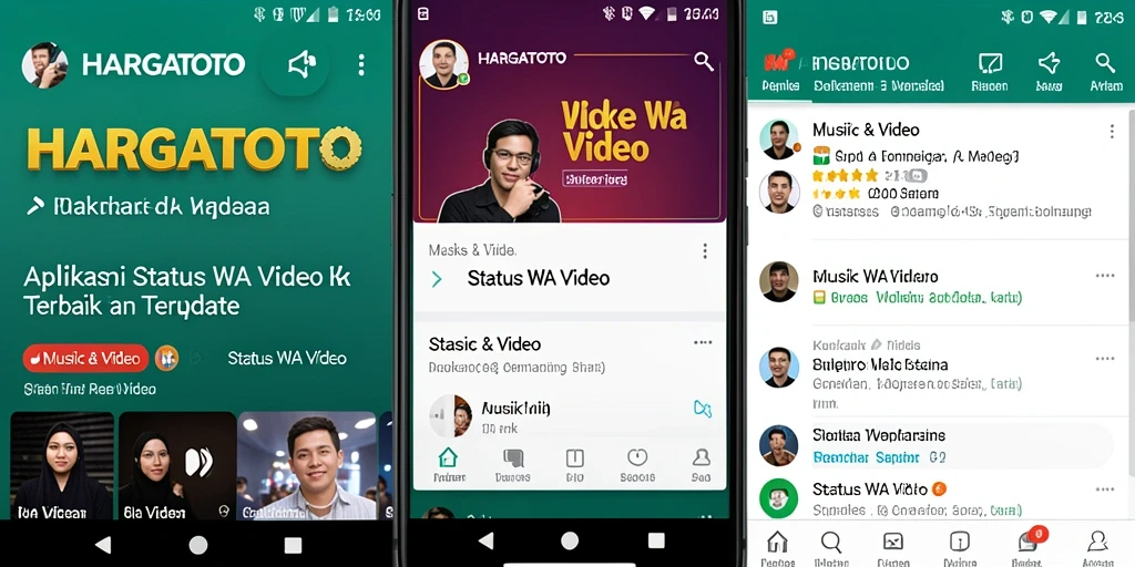 Antarmuka aplikasi HARGATOTO menampilkan berbagai pilihan video menarik untuk status.
