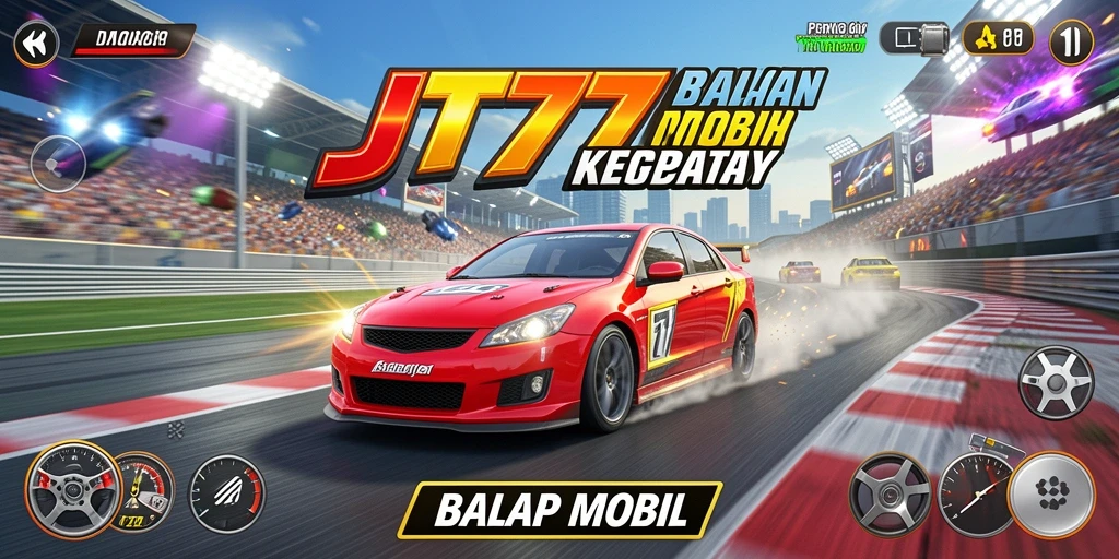 Screenshot antarmuka JT777 menampilkan mobil balap dalam aksi yang mendebarkan.