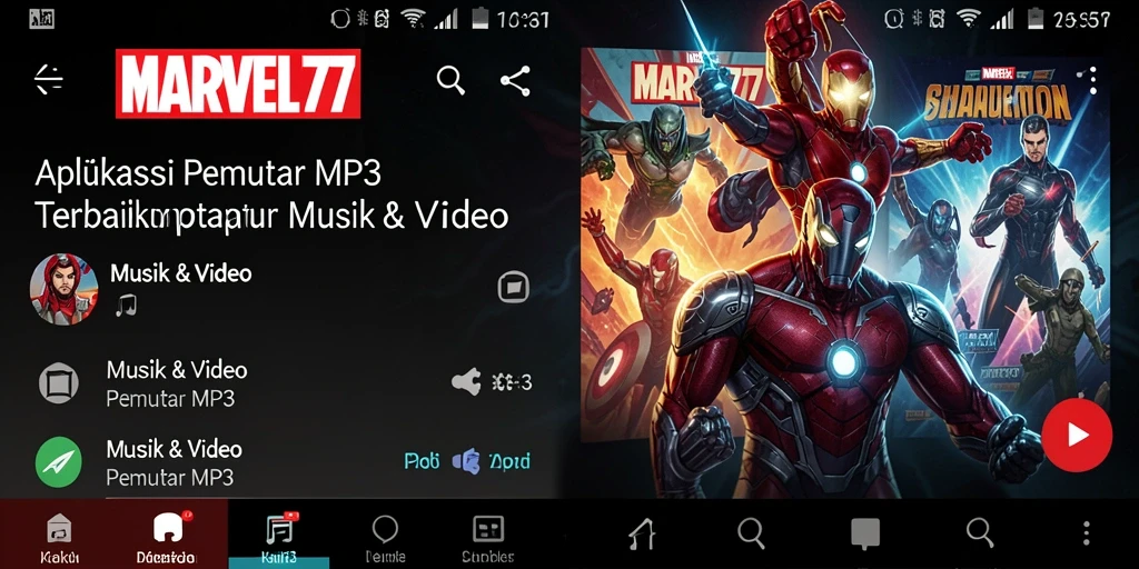 Tampilan antarmuka aplikasi Pemutar MP3 MARVEL77 yang modern dan menarik.
