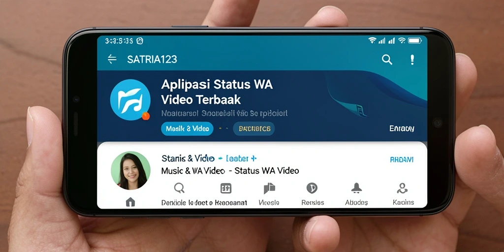 Antarmuka aplikasi SATRIA123 dengan fitur Status WA Video yang menarik.